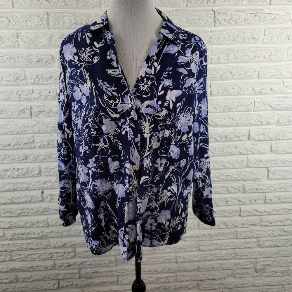 Croft & Barrow XL Blue White Floral Button Up Top Long Sleeve FLO265E